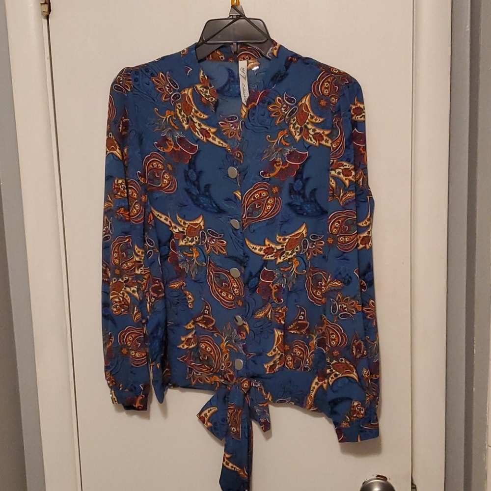 NY Collection Long Sleeve Botton Top w/ Tie